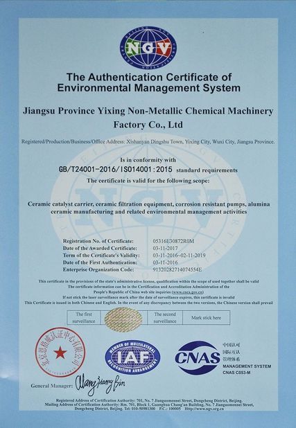 Chiny Jiangsu Province Yixing Nonmetallic Chemical Machinery Factory Co., Ltd Certyfikaty
